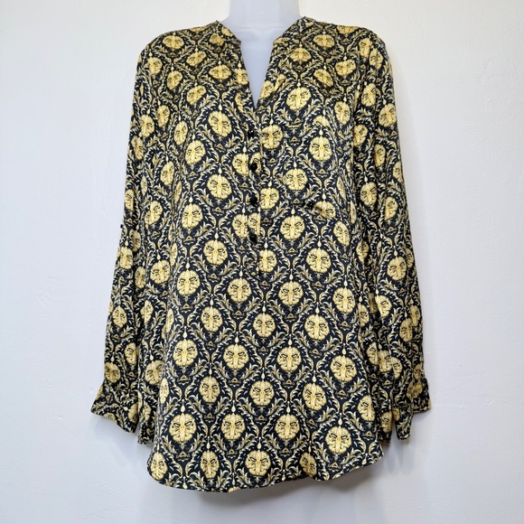 ZARA | Designer Inspo Printed Retro Pattern Button Up Henley Long Sleeve Blouse - Picture 4 of 16